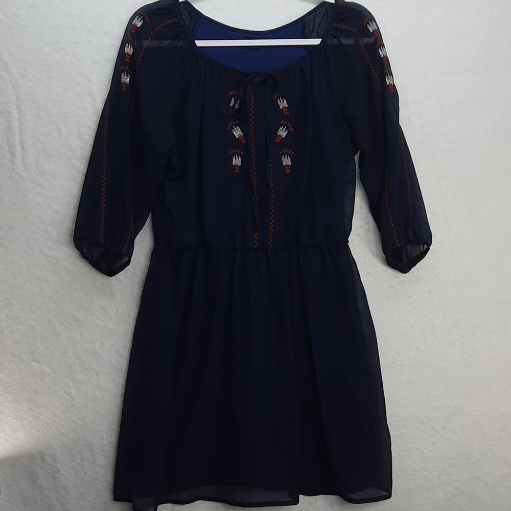 Ruby Rox Peasant Dress‎ Womens Medium Navy Blue Embroidered Boho Feminine